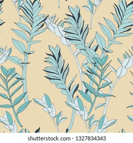 Abstract vintage composition colorful tropical leaves seamless floral pattern. Light yellow  background.