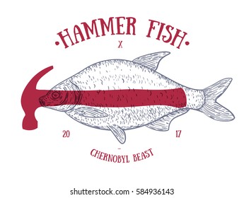 Abstract  vintage fish with red hammer. Creative original vector illustration in hipster retro style. Style design background for textile, cover, poster.