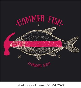 Abstract vintage fish with red hammer. Creative original vector illustration in hipster retro style. Style design background for textile, cover, poster.