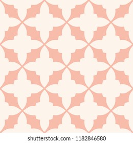 Abstract vintage floral seamless pattern. Subtle vector geometric texture with curved shapes, flower silhouettes, grid, lattice. Elegant background in oriental style. Light pink and white ornament
