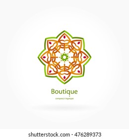 Abstract vintage flower vintage logo for boutique, flower shop, business, interior. Company mark, emblem. Simple geometric mandala logotype. Kaleidoscope big bud. Surround abstract blossom