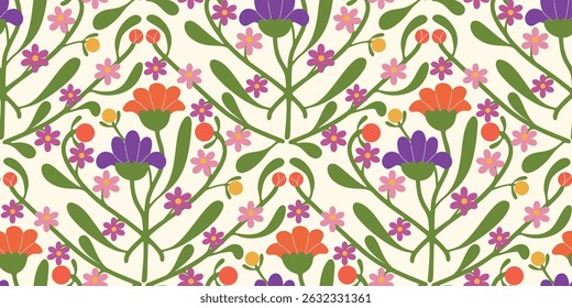 Abstract vintage flower seamless pattern background vector. Colorful botanical wallpaper with flower, foliage. Design for prints, cover, fabric, packaging, wall art, home decor.