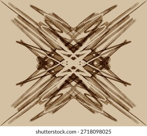 Abstract vintage geometric symmetrical vector illustration. Brown grunge brush strokes tribal ornament. Hand-drawn sketch style decorative background design suitable for textiles, tattoos, wallpaper.