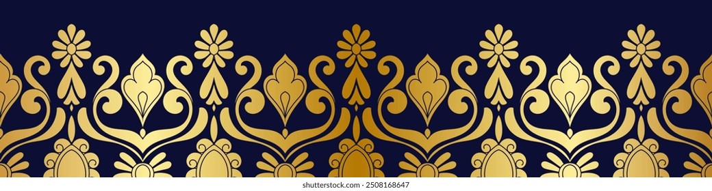 Abstract vintage golden lines, seamless, elegant pattern on a navy blue background.