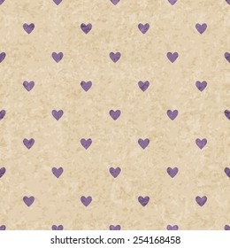 Abstract vintage heart pattern on grunge old paper texture, Seamless hipster vintage geometric background. Purple on yellow.