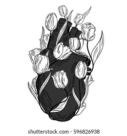 Abstract vintage human heart with red tulips. Creative original vector illustration in hipster retro style. Trendy design background for print, textile, cover, poster.