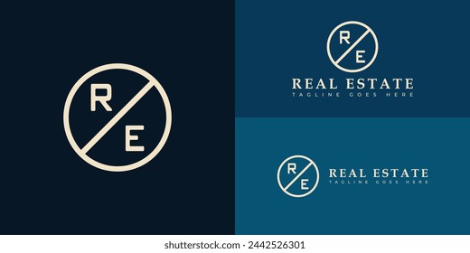 Abstract vintage initial letter RE or ER with a slash inside the circle in gold color isolated on multiple background colors. The logo is applied for Real estate and property logo design inspiration