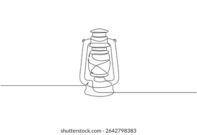 Abstract vintage kerosene lamp or lantern continuous one line art vector illustration, Single continuous line drawing vintage camping lantern on white background. 