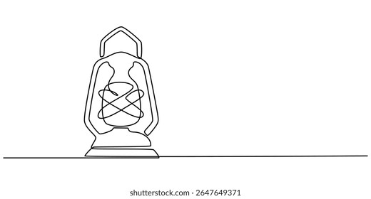 Abstrato lâmpada de querosene vintage ou lanterna contínua uma linha arte ilustração vetor, lanterna de querosene uma linha contínua. Lâmpada de parafina em arte linear. Mão desenhado arte vetorial, Camping mochila vetor pro