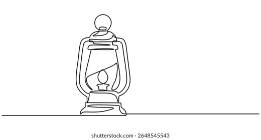 Abstract vintage kerosene lamp or lantern , continuous one line art hand drawing sketch, Kerosene lantern one line continuous. Line art paraffin lamp. Hand drawn vector art,  Camping backpack vector.