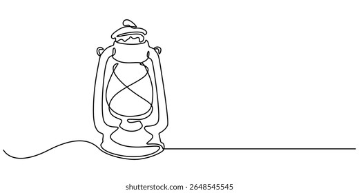 Abstract vintage kerosene lamp or lantern , continuous one line art hand drawing sketch, Kerosene lantern one line continuous. Line art paraffin lamp. Hand drawn vector art,  Camping backpack vector.