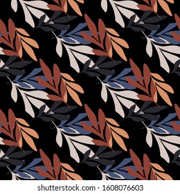 Abstract vintage leaf seamless pattern for fabric design on black background. Tropical leaves wallpaper. Design for fabric, textile print, wrapping paper. Vintage vector illustration