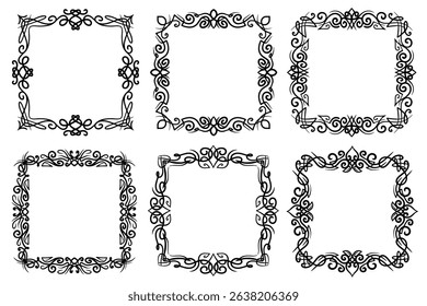 Abstract vintage line art square frames. Flourish black linear ornate borders, copy space for images and text.