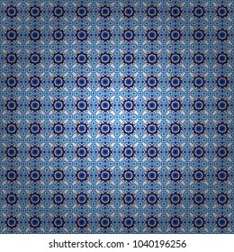 Abstract vintage pattern with decorative tiles pattern. Vector oriental style in gray, blue and white colors. Seamless pattern in ethnic traditional style.