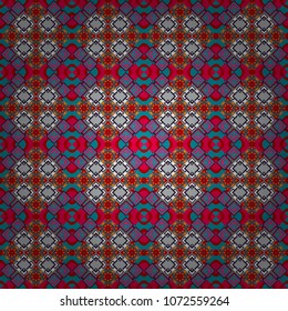 Abstract vintage pattern with decorative tiles pattern. Vector oriental style in gray, pink and blue colors. Seamless pattern in ethnic traditional style.