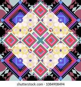Abstract vintage pattern with decorative tiles pattern. Vector oriental style in beige, blue and black colors. Seamless pattern in ethnic traditional style.
