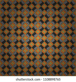 Abstract vintage pattern with decorative tiles pattern. Vector oriental style in gray, orange and green colors. Seamless pattern in ethnic traditional style.