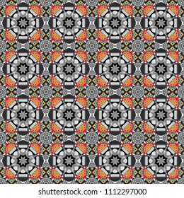 Abstract vintage pattern with decorative tiles pattern. Vector oriental style in yellow, gray and black colors. Seamless pattern in ethnic traditional style.