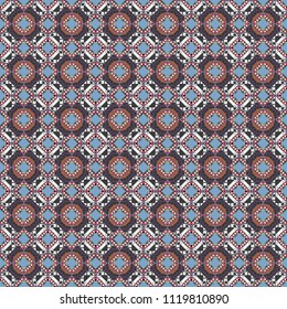 Abstract vintage pattern with decorative tiles pattern. Vector oriental style in gray, blue and beige colors. Seamless pattern in ethnic traditional style.