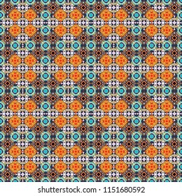 Abstract vintage pattern with decorative tiles pattern. Vector oriental style in black, orange and gray colors. Seamless pattern in ethnic traditional style.