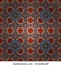 Abstract vintage pattern with decorative tiles pattern. Vector oriental style in orange, black and blue colors. Seamless pattern in ethnic traditional style.