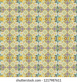 Abstract vintage pattern with decorative tiles pattern. Vector oriental style in yellow, blue and beige colors. Seamless pattern in ethnic traditional style.