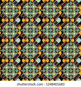 Abstract vintage pattern with decorative tiles pattern. Vector oriental style in yellow, orange and black colors. Seamless pattern in ethnic traditional style.