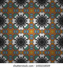 Abstract vintage pattern with decorative tiles pattern. Seamless pattern in ethnic traditional style. Vector oriental style in gray, yellow and blue colors.