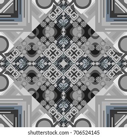 Abstract vintage pattern with decorative tiles pattern. Seamless pattern in ethnic traditional style. Vector oriental style in gray colors.