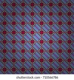 Abstract vintage pattern with decorative tiles pattern. Vector oriental style in blue, violet and red colors. Seamless pattern in ethnic traditional style.