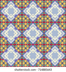 Abstract vintage pattern with decorative tiles pattern. Vector oriental style in beige, yellow and blue colors. Seamless pattern in ethnic traditional style.