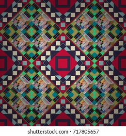 Abstract vintage pattern with decorative tiles pattern. Vector oriental style in violet, neutral and blue colors. Seamless pattern in ethnic traditional style.