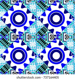 Abstract vintage pattern with decorative tiles pattern. Vector oriental style in blue, white and black colors. Seamless pattern in ethnic traditional style.