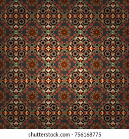 Abstract vintage pattern with decorative tiles pattern. Vector oriental style in beige, green and orange colors. Seamless pattern in ethnic traditional style.