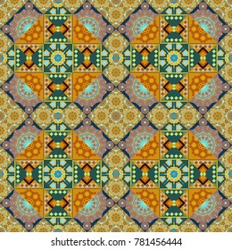 Abstract vintage pattern with decorative tiles pattern. Vector oriental style in brown, yellow and green colors. Seamless pattern in ethnic traditional style.