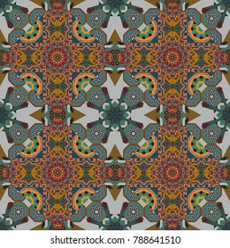 Abstract vintage pattern with decorative tiles pattern. Vector oriental style in brown, green and blue colors. Seamless pattern in ethnic traditional style.