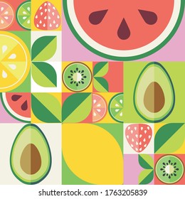 Abstract vintage pattern with flat style fruits and leaves.
