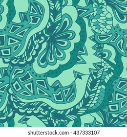 Abstract vintage pattern. Hand-drawn seamless illustration. Colorful vector. Blue & green colors. Pattern can be used as wrapping paper, background, fabric print, web page backdrop, wallpaper and more
