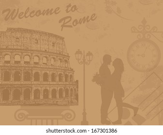 Abstract vintage poster with lovers in Rome, on romantic background, vector illustration