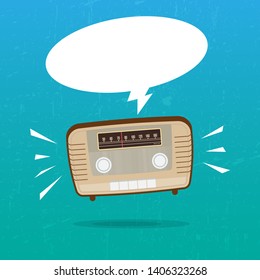 Abstract vintage radio on grungy background and blank speech bubble with place for your text. Vector illustration.