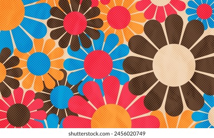 Abstract Vintage Retro 60s 70s Aesthetic Flower Pattern Summer Vector Background Dotted Color Halftone Print Texture