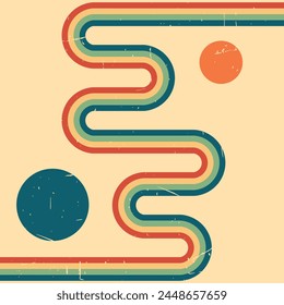Abstrakter Vintage Retro Hintergrund. Verdrehter welliger Regenbogen und Kreise. Grunge-Textur. Vektorillustration