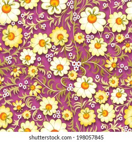 abstract vintage seamless floral ornament with yellow flowers on pink background