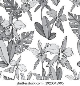 Abstract vintage seamless floral pattern with orchids and tropical leaves. Black and white. Vector illustration
