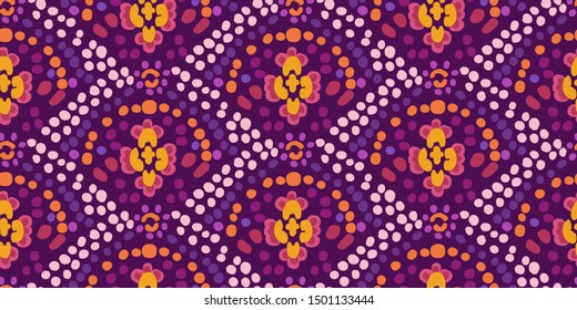 Abstract vintage seamless geometric mosaic pattern. Ethnic striped fashion print in purple, yellow, orange. Colorful ornamental Wallpaper, mosaic texture. Vector design.