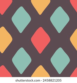 Abstract vintage seamless pattern 70s style. Colorful retro texture with geometric shapes. Rhombus repeat vector illustration. Minimal design