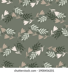 Abstract vintage seamless pattern with botanic flowers and leaf branches on grey background. Vector illustration for seasonal textile prints, fabric, banners, backdrops and wallpapers.