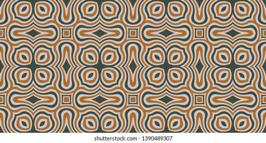 Abstract vintage seamless pattern with decorative ornament of green, orange, and white shades