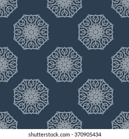 Abstract Vintage Seamless Pattern on Dark Blue Background. Flora Doodle Style, Floral Pattern.  Vector Illustration.