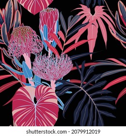 Abstract vintage seamless tropical pattern with colorful blue, pink leaves and flowers on black background. Seamless exotic pattern with tropical plants. Exotic wallpaper. 